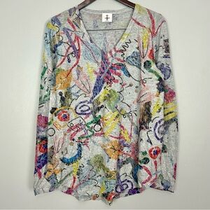 Inoah Art Print Tunic Tee Women’s Size S V-Neck Stretch Knit Colorful Crinkle